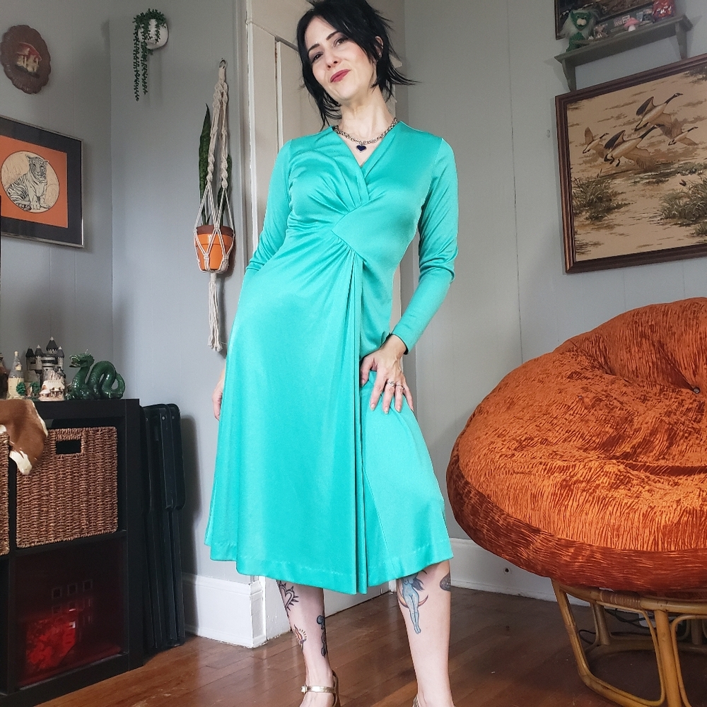 1970s Vintage Seafoam Green Handmade Long-sleeve Midi Dress Medium 70s Retro - Picture 13 of 13
